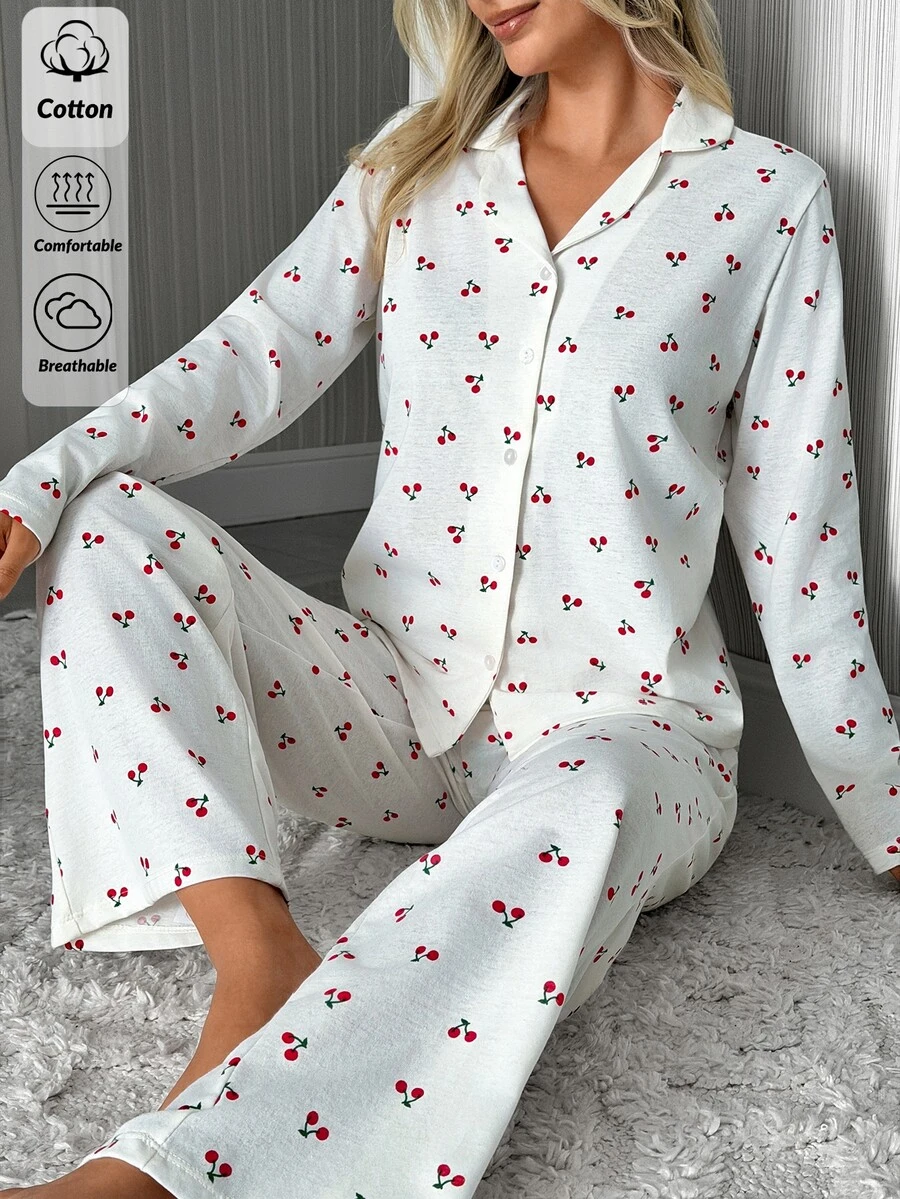 SHEIN Cottnline White Cherry Print Button-Up Long Sleeve Shirt & Long Pants Pajama Set
