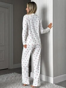 SHEIN Cottnline White Cherry Print Button-Up Long Sleeve Shirt & Long Pants Pajama Set - White - View 3