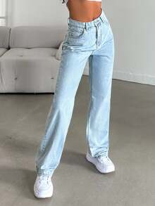 EURMUSE 100%Cotton Slant Pocket Straight Leg Jeans - Light Wash - View 5