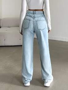 EURMUSE 100%Cotton Slant Pocket Straight Leg Jeans - Light Wash - View 7