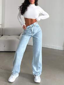 EURMUSE 100%Cotton Slant Pocket Straight Leg Jeans - Light Wash - View 3