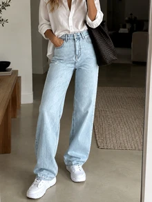 EURMUSE 100%Cotton Slant Pocket Straight Leg Jeans - Light Wash - View 1