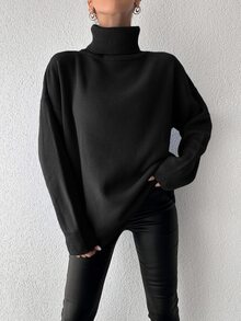 SHEIN Cottnline Plus Size Women's Chunky Turtleneck Black Solid Color Casual Loose Sweater - Black - View 5