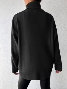 SHEIN Cottnline Plus Size Women's Chunky Turtleneck Black Solid Color Casual Loose Sweater - Black - View 3