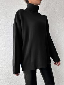 SHEIN Cottnline Plus Size Women's Chunky Turtleneck Black Solid Color Casual Loose Sweater - Black - View 6