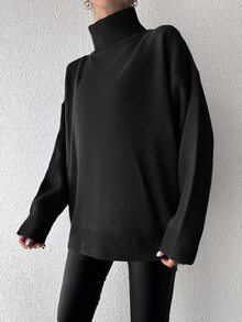 SHEIN Cottnline Plus Size Women's Chunky Turtleneck Black Solid Color Casual Loose Sweater - Black - View 4