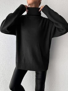 SHEIN Cottnline Plus Size Women's Chunky Turtleneck Black Solid Color Casual Loose Sweater - Black - View 9