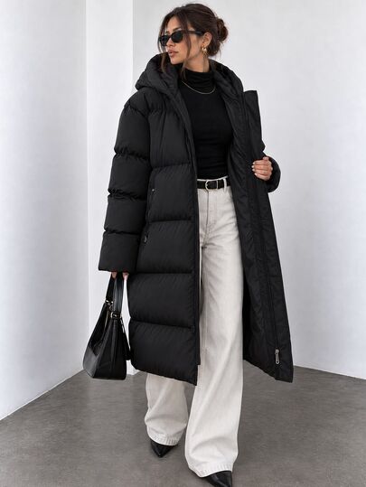 SHEIN Cottnline Women's Long Hooded Padded Coat Plus Size Zip Up Quilted Winter Jacket Warm Thick Black Parka Teacher Club Going Out Holiday Baggy Smart Casual
