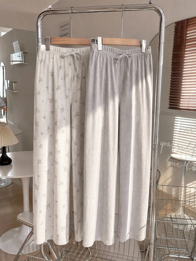 Wovencharm Wovencharm Damen Große Größen 2-teilig Reine Baumwolle Falscher Kordelzug Beige Grau Einfarbig Hoher Bund Pyjama Hose Loungewear Nacht Winter Elegant Braut