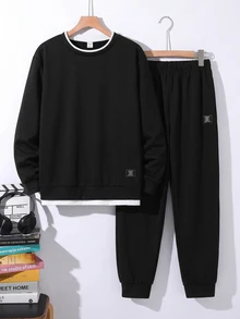 SHEIN 2件組青少年男孩休閒街頭風學院風連帽衛衣與抽繩長褲套裝，開學季黑色秋季款 - 黑色 - 查看 8
