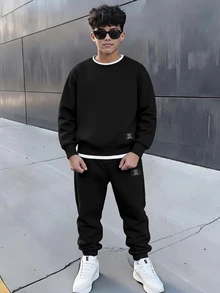 SHEIN 2件組青少年男孩休閒街頭風學院風連帽衛衣與抽繩長褲套裝，開學季黑色秋季款 - 黑色 - 查看 1