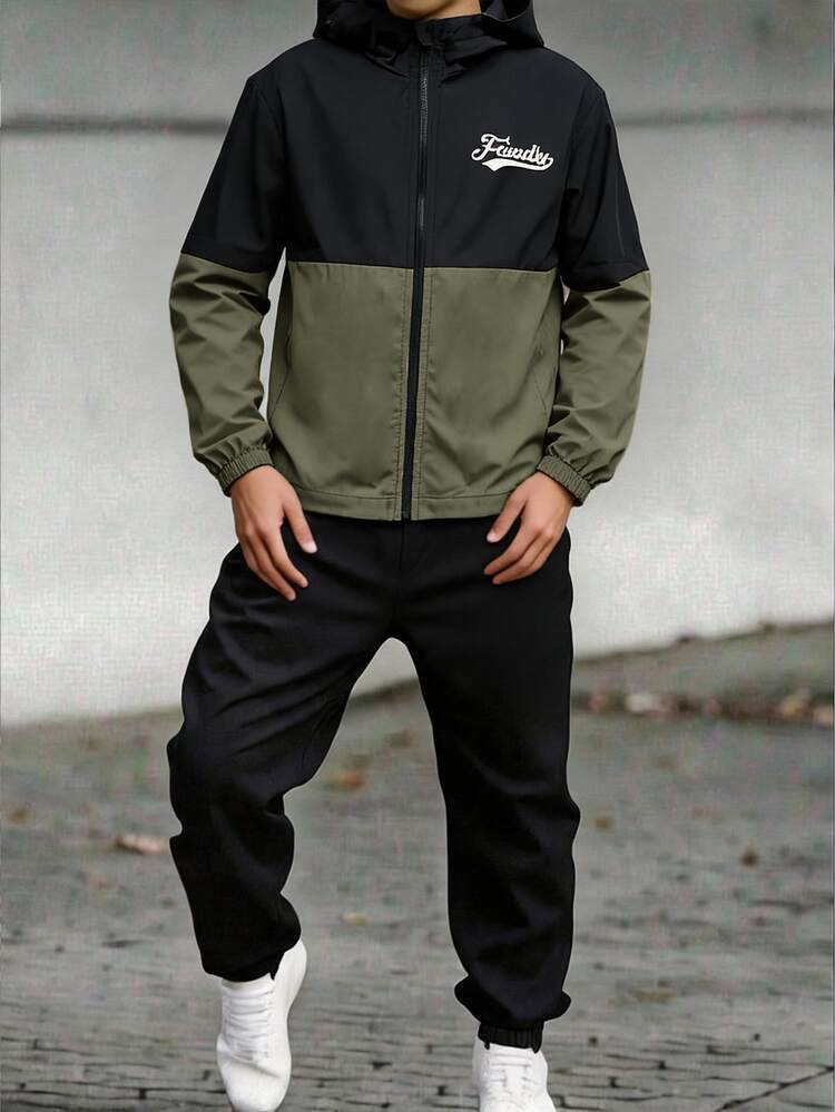 SHEIN Kids 2pcs Tween Boy Casual Sports Letter Pattern Colorblock Hoodie Jacket & Pants Set Suitable For School Daily Casual Vacation Sports Autumn Winter - Army Green - View 5