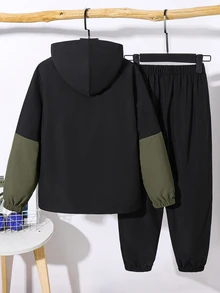 SHEIN 兒童 2 件組大童男孩休閒運動字母圖案拼色連帽外套與長褲套裝，適合學校、日常休閒、度假、運動，秋冬穿著 - 軍綠色 - 查看 3