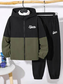 SHEIN 兒童 2 件組大童男孩休閒運動字母圖案拼色連帽外套與長褲套裝，適合學校、日常休閒、度假、運動，秋冬穿著 - 軍綠色 - 查看 6