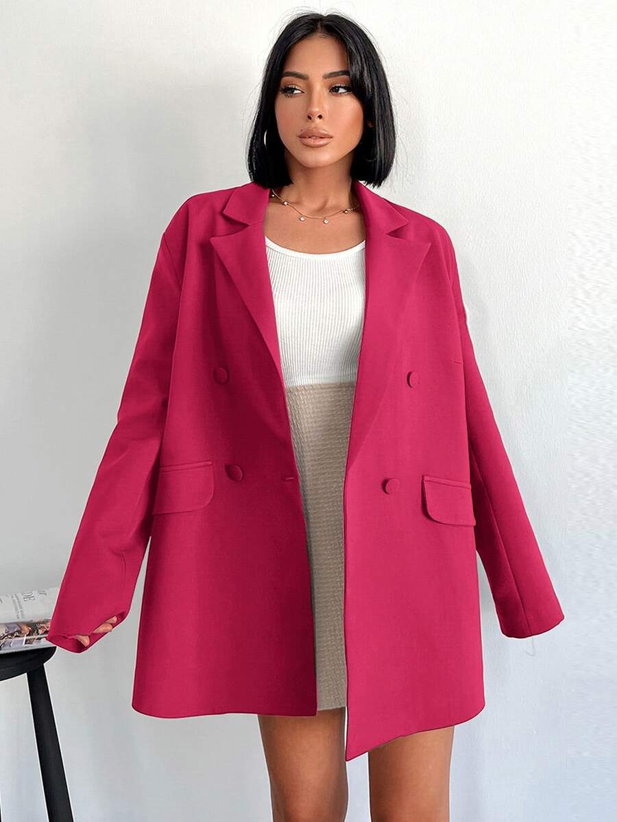 SHEIN Cottnline Lapel Collar Double-Breasted Loose Fit Blazer - Hot Pink - View 1