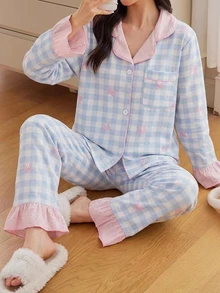 Elladie kids 甜美風櫻桃印花長袖開襟衫與長褲兩件套，女孩休閒舒適居家服 - 彩色 - 查看 4