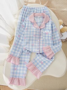 Elladie kids 甜美風櫻桃印花長袖開襟衫與長褲兩件套，女孩休閒舒適居家服 - 彩色 - 查看 9