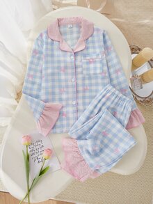 Elladie kids 甜美風櫻桃印花長袖開襟衫與長褲兩件套，女孩休閒舒適居家服 - 彩色 - 查看 8