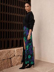 Dancing Leopard Black Floral Side Split Maxi Skirt, Evening Party Outfit - Multicolor - View 3