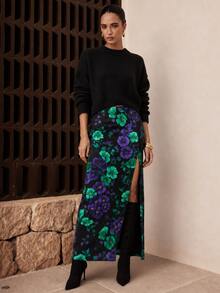 Dancing Leopard Black Floral Side Split Maxi Skirt, Evening Party Outfit - Multicolor - View 1