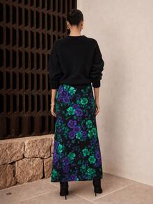 Dancing Leopard Black Floral Side Split Maxi Skirt, Evening Party Outfit - Multicolor - View 2