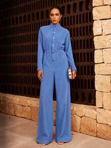 Dancing Leopard Blue Corduroy Wide Leg Jumpsuit, Everyday Weekend Wear - Purple - View 1