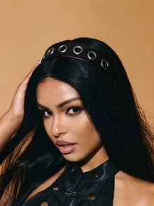 Aravennia 1pc Punk Style Black Faux Leather Metal Hollow Headband, Fashionable & Versatile Accessory, Autumn/Winter - Black - View 1
