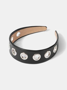 Aravennia 1pc Punk Style Black Faux Leather Metal Hollow Headband, Fashionable & Versatile Accessory, Autumn/Winter - Black - View 4