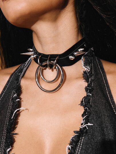 Aravennia Fashionable Unisex Punk Goth Metal Rivet Chain Leather Choker Necklace Party