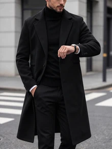 Manfinity Homme 男士純色雙排扣前開襟長袖外套，附口袋，秋季穿著，冬季辦公商務休閒黑色 - 黑色 - 查看 7