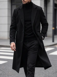 Manfinity Homme 男士純色雙排扣前開襟長袖外套，附口袋，秋季穿著，冬季辦公商務休閒黑色 - 黑色 - 查看 4