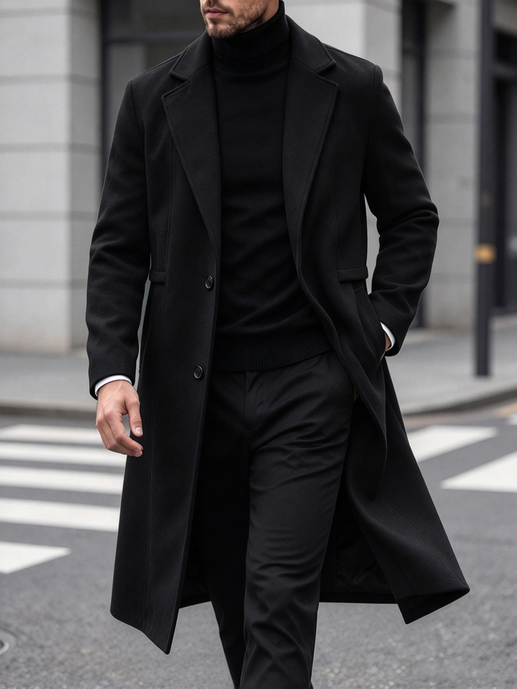 Manfinity Homme Men's Solid Color Double-Breasted Button Front Long-Sleeve Coat With Pockets, Autumn Wear, Winter Ou - Black - View 4