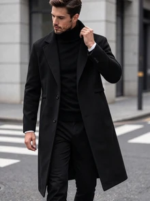 Manfinity Homme 男士純色雙排扣前開襟長袖外套，附口袋，秋季穿著，冬季辦公商務休閒黑色 - 黑色 - 查看 6