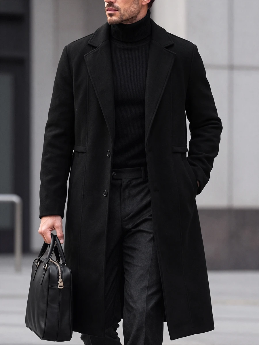 Manfinity Homme Men's Solid Color Double-Breasted Button Front Long-Sleeve Coat With Pockets, Autumn Wear, Winter Ou Office Business Black Casual - Black - View 1