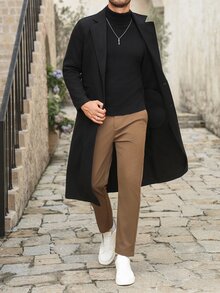 Manfinity Homme 男士純色雙排扣前開襟長袖外套，附口袋，秋季穿著，冬季辦公商務休閒黑色 - 黑色 - 查看 8