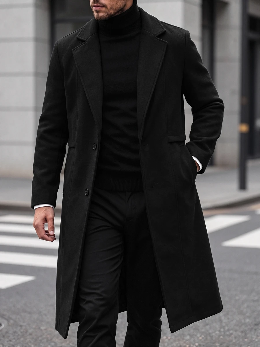 Manfinity Homme 男士純色雙排扣前開襟長袖外套,附口袋,秋季穿著,冬季辦公商務休閒黑色 - 黑色 - 查看 1