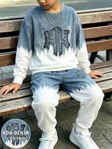 Tween Boys Casual Streetwear Graphic Blue And White Gradient Letter Print Drop Shoulder Crew Neck Sweatshirt Sweatpants 2 Pieces Set School Autumn - Multicolor - View 1