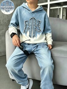 2件組青少年男孩街頭風寬鬆連帽衛衣長褲套裝，藍白漸層字母印花，長袖連帽抓絨內裡，秋季Y2K Sixth Form派對穿搭 - 彩色 - 查看 5