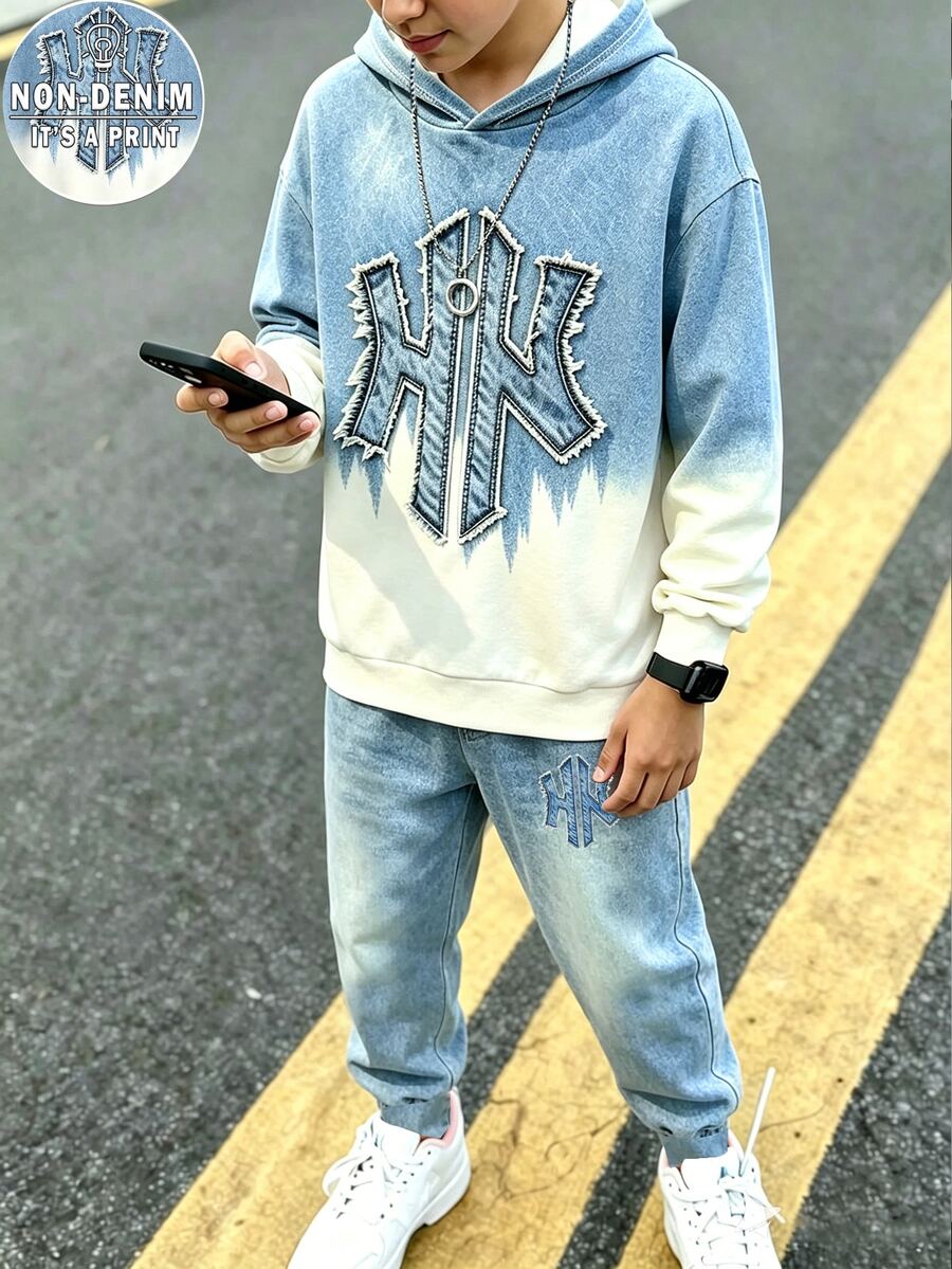 2件組青少年男孩街頭風寬鬆連帽衛衣長褲套裝,藍白漸層字母印花,長袖連帽抓絨內裡,秋季Y2K Sixth Form派對穿搭 - 彩色 - 查看 1
