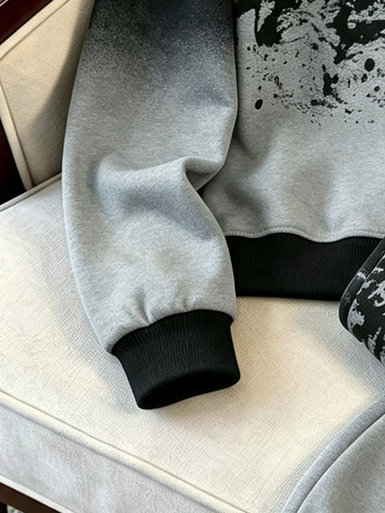 Boys Black Grey Gradient Abstract Print Letter Loose Long Sleeve Sweatshirt Pants Set Autumn School Streetwear Outfits - Multicolor - View 4