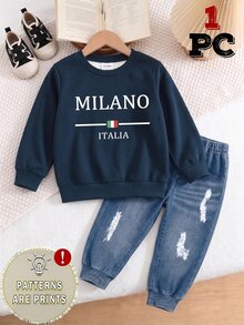 Baby Boys Sweatshirt Casual Graphic Band Navy Blue Milano Letter Print Long Sleeve Rib-Knit Crew Neck Autumn Fall Back To School Pullover Top Club - Multicolor - View 3