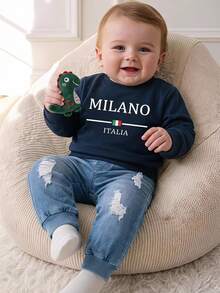 Baby Boys Sweatshirt Casual Graphic Band Navy Blue Milano Letter Print Long Sleeve Rib-Knit Crew Neck Autumn Fall Back To School Pullover Top Club - Multicolor - View 1