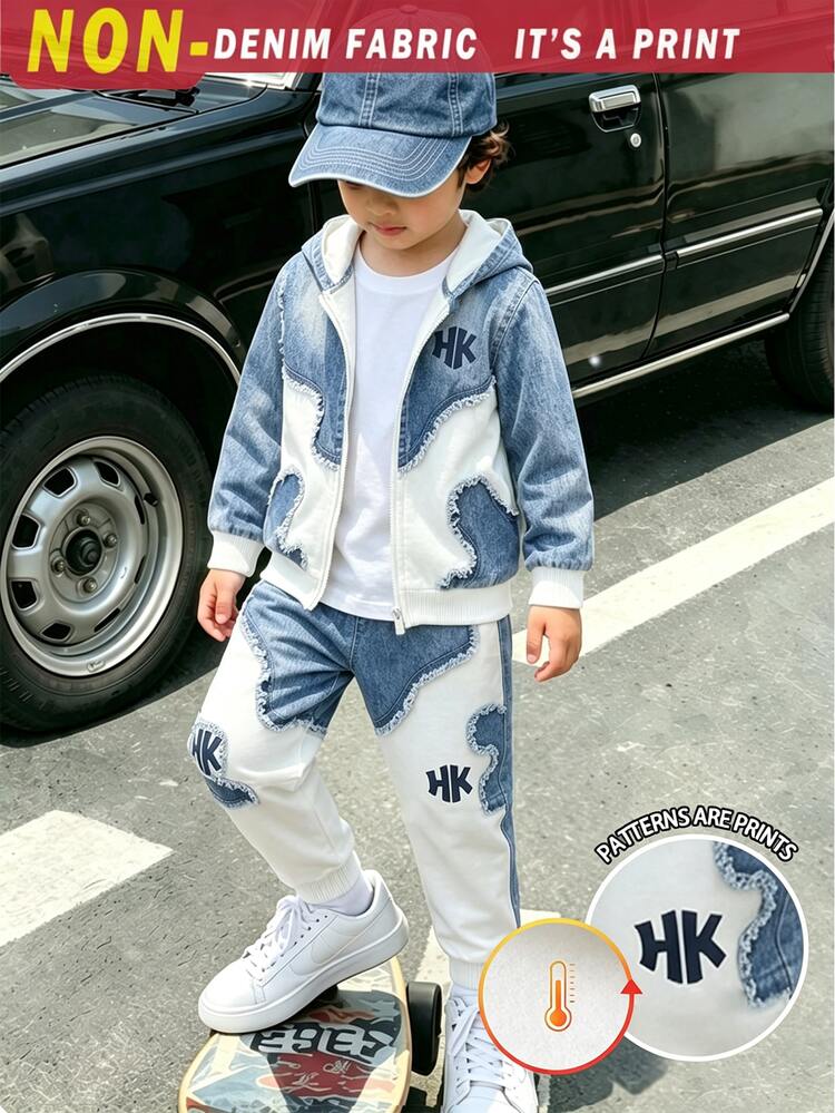 2pcs Young Boys Outerwear Sets Casual Blue White Color Block Letter Print Loose Long Sleeve Hooded Autumn Back To School Sweaters Birthday Beach - Multicolor - View 9