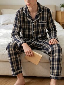 青少年男孩格紋長袖上衣與長褲休閒日常居家睡衣套裝 - 彩色 - 查看 2