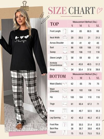 SHEIN Cottnline Set pigiama accogliente da donna con top a maniche lunghe con stampa a cuori & pantaloni a quadri
