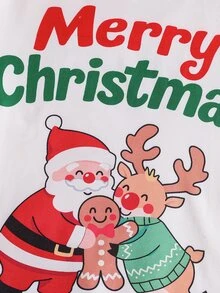 Piyama Natal Musim Gugur/Dingin untuk Remaja Perempuan, 2 Potong, Lengan Pendek, Celana Pendek, Kerah Bulat, Motif Cetak - Putih - View 9
