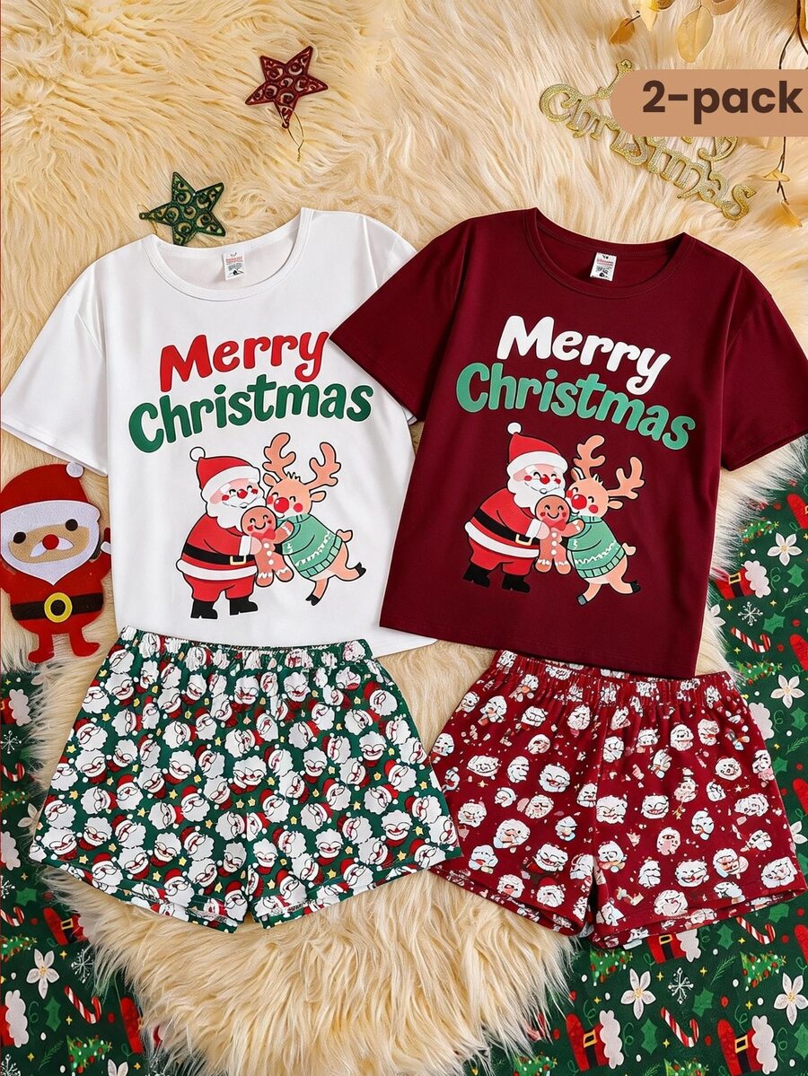 Piyama Natal Musim Gugur/Dingin untuk Remaja Perempuan, 2 Potong, Lengan Pendek, Celana Pendek, Kerah Bulat, Motif Cetak - Putih - View 1
