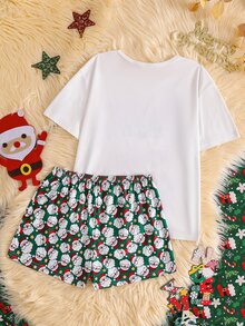 Piyama Natal Musim Gugur/Dingin untuk Remaja Perempuan, 2 Potong, Lengan Pendek, Celana Pendek, Kerah Bulat, Motif Cetak - Putih - View 3