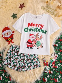 Piyama Natal Musim Gugur/Dingin untuk Remaja Perempuan, 2 Potong, Lengan Pendek, Celana Pendek, Kerah Bulat, Motif Cetak - Putih - View 2