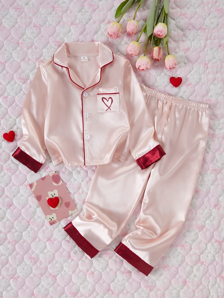 Girls Pajamas Simple Pocket Heart Print Long Sleeve Cardigan And Pants Casual 2 Pieces Set Loungewear Sleepwear, Perfect New Year Gift - Multicolor - View 7